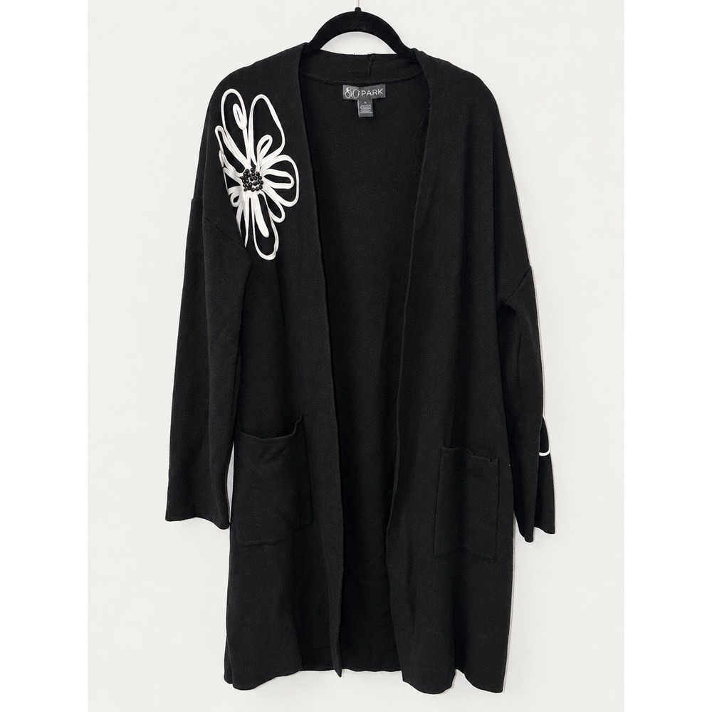80 PARK Women's M Black Long Cardigan Duster 3D Floral Applique Open Front